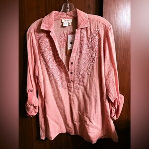 Tru Luxe Jeans Coral  Embroidered Top